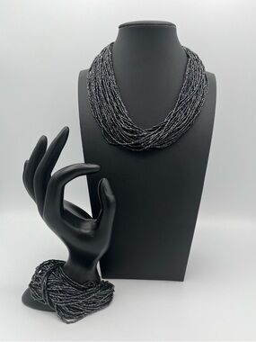 Vintage 1950s Miriam Haskell Signed Black Glass Necklace Bracelet Demi Parure